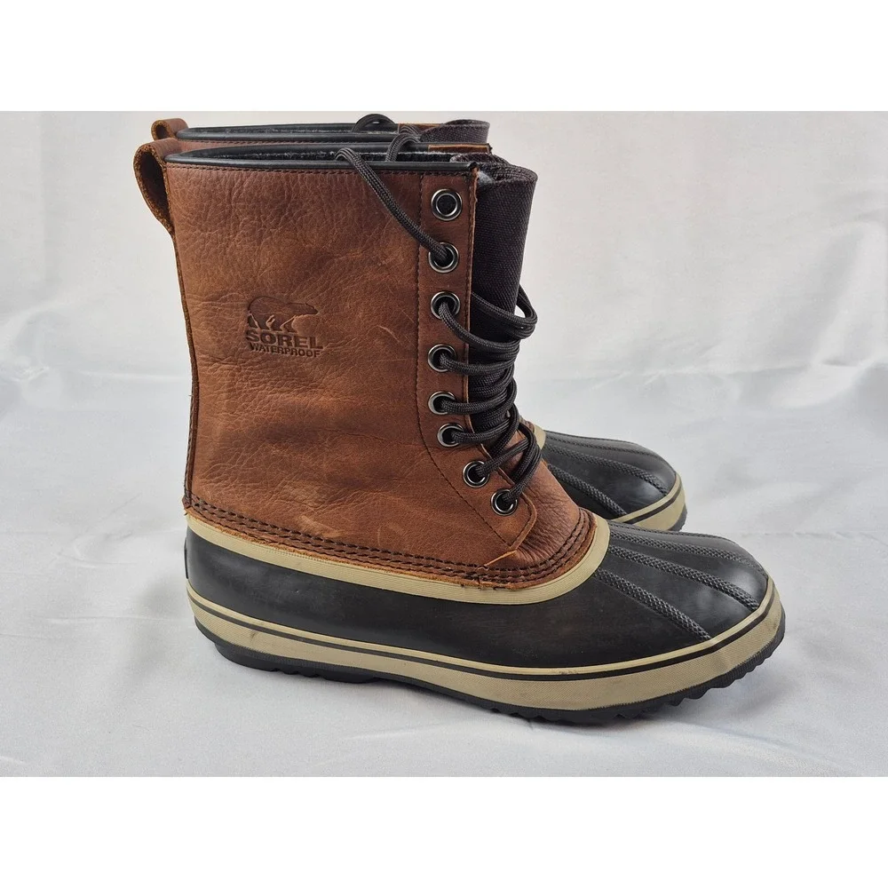 Sorel Premium Mens 9.5 Waterproof Leather Duck Boots Brown Rubber Lace Outdoor